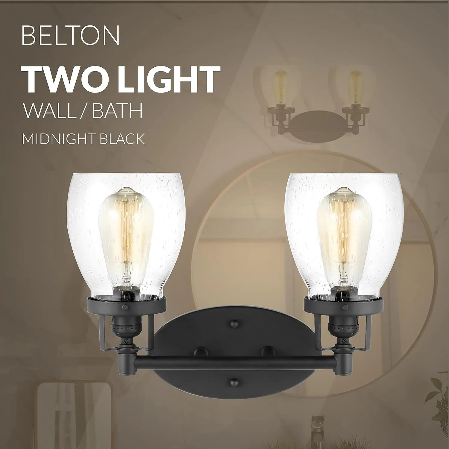 New in box! Sea Gull Lighting Belton - 15 Inch 16W 2 LED Wall Sconce, Midnight Black Finish with Clear Seeded Glass Retails $152 