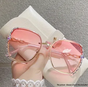 New Large Rimless For Women Ladies Bling Rhinestone Cat Eye Gradient Sun Shades For Beach Party Prom, Pink