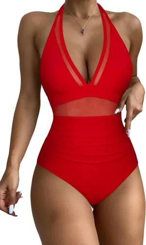 NEW RXRXCOCO Sexy V Neck Mesh One Piece Swimsuit, Red, Sz XXL