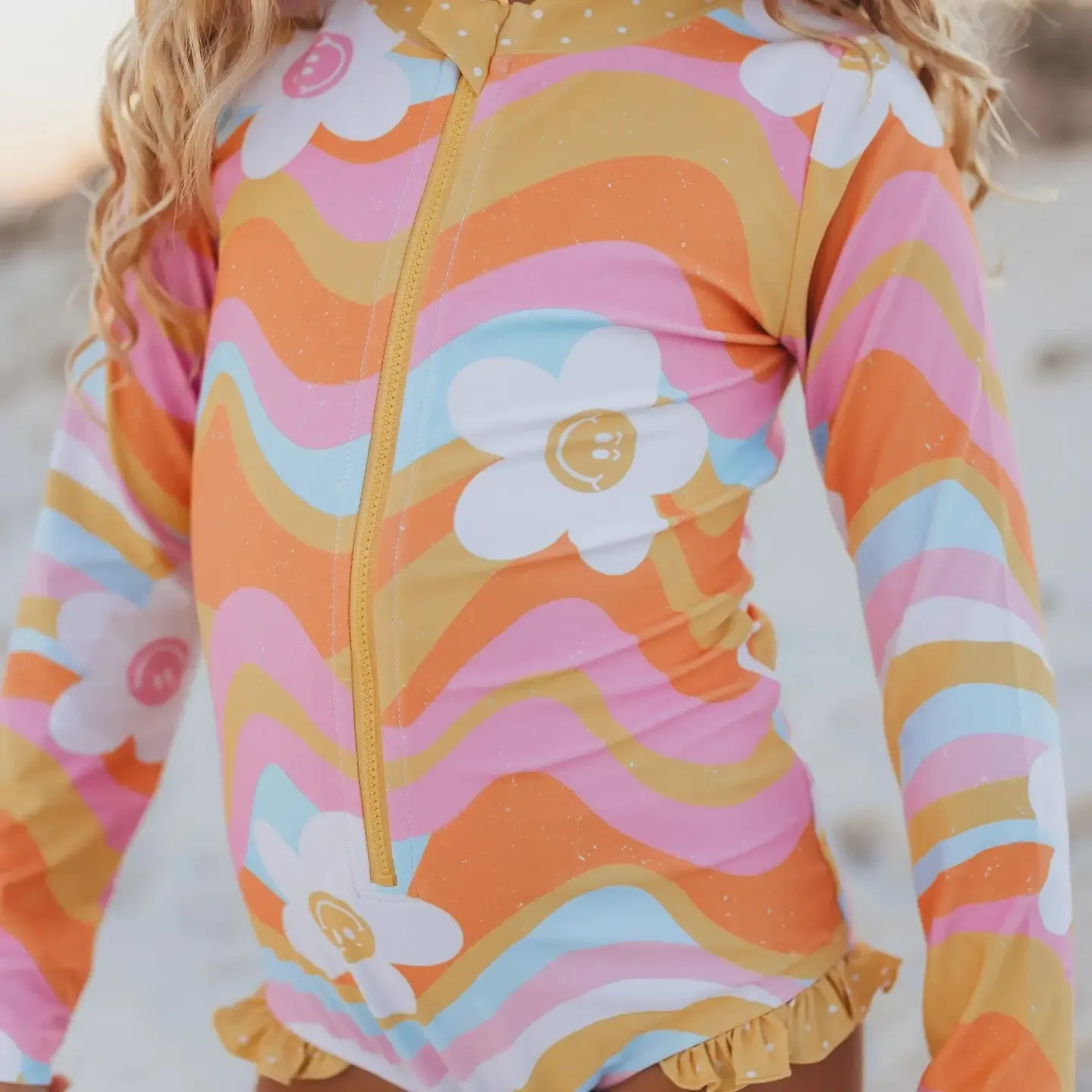 Oopsie Daisy Kid Retro Flower Zip Rash Guard
