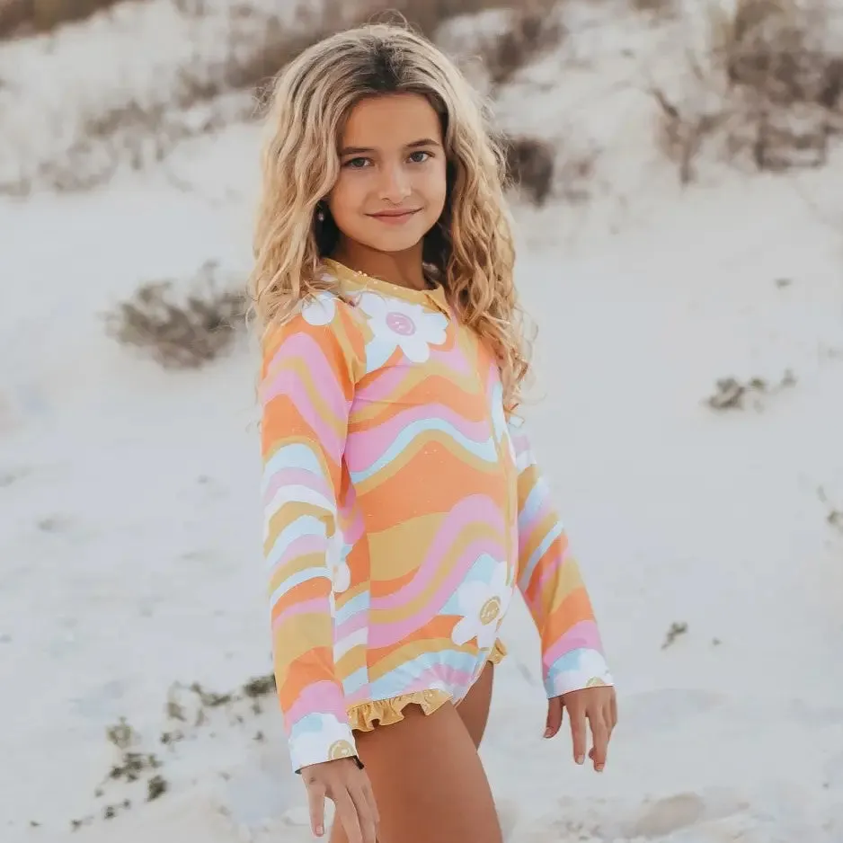 Oopsie Daisy Kid Retro Flower Zip Rash Guard