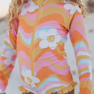 Oopsie Daisy Kid Retro Flower Zip Rash Guard