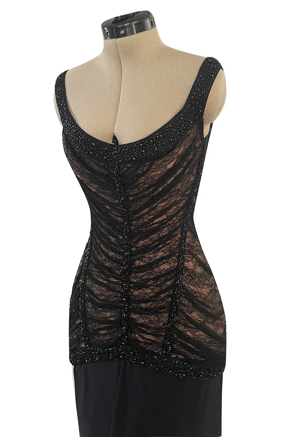 Original Fall 1997 Herve Leger Couture Lace & Bead Bandage Fitted Black Dress w Wide Straps