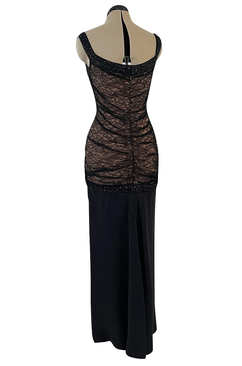 Original Fall 1997 Herve Leger Couture Lace & Bead Bandage Fitted Black Dress w Wide Straps