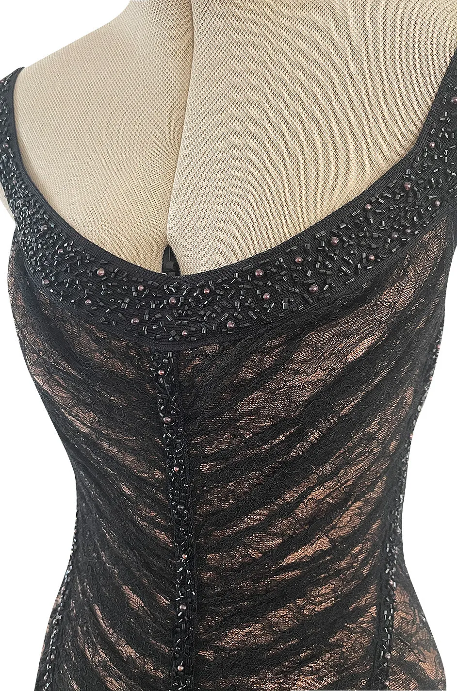 Original Fall 1997 Herve Leger Couture Lace & Bead Bandage Fitted Black Dress w Wide Straps
