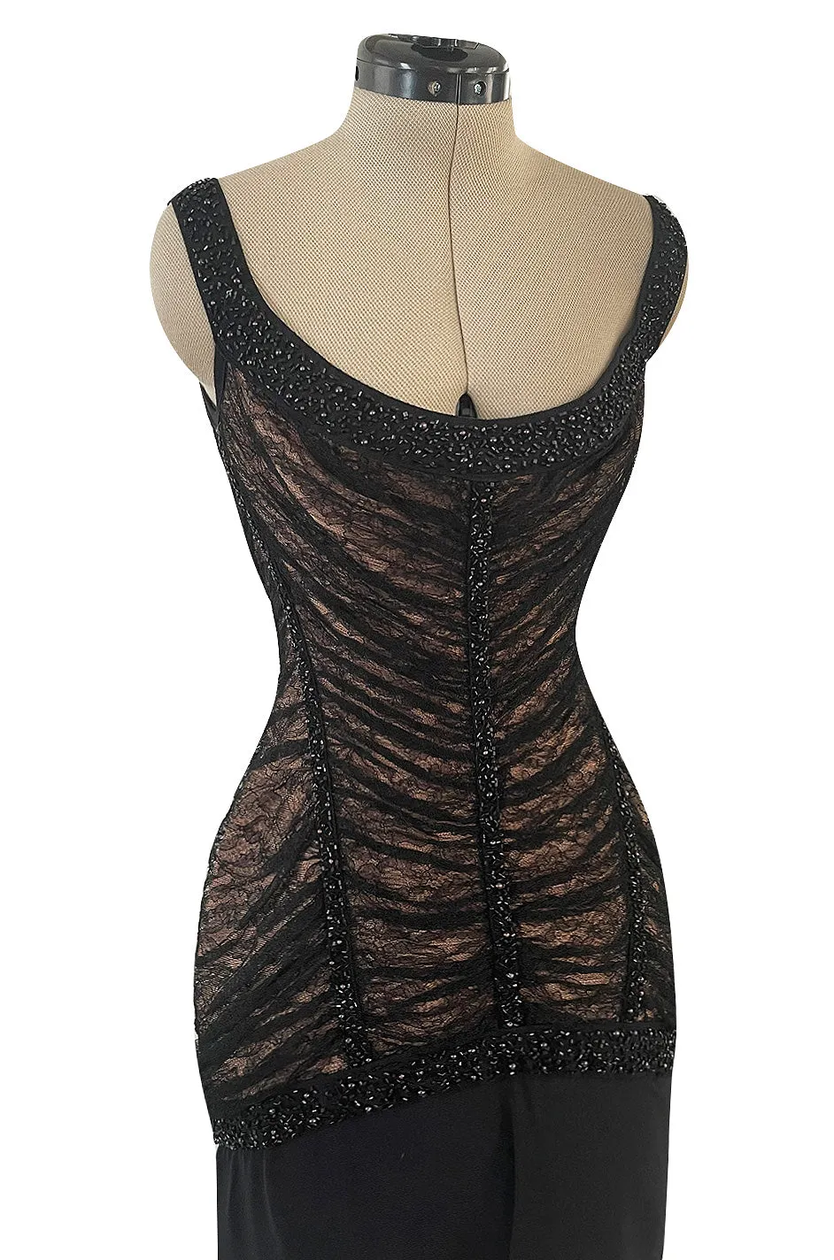 Original Fall 1997 Herve Leger Couture Lace & Bead Bandage Fitted Black Dress w Wide Straps
