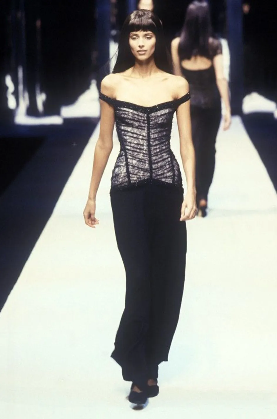 Original Fall 1997 Herve Leger Couture Lace & Bead Bandage Fitted Black Dress w Wide Straps