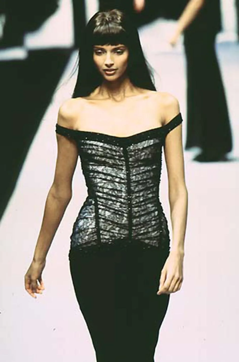 Original Fall 1997 Herve Leger Couture Lace & Bead Bandage Fitted Black Dress w Wide Straps