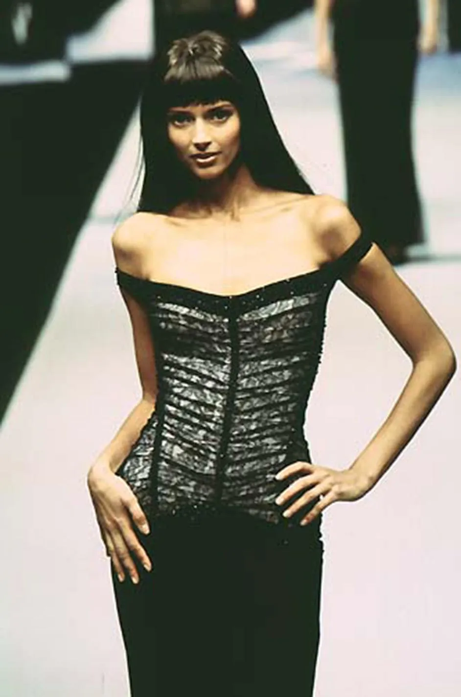 Original Fall 1997 Herve Leger Couture Lace & Bead Bandage Fitted Black Dress w Wide Straps