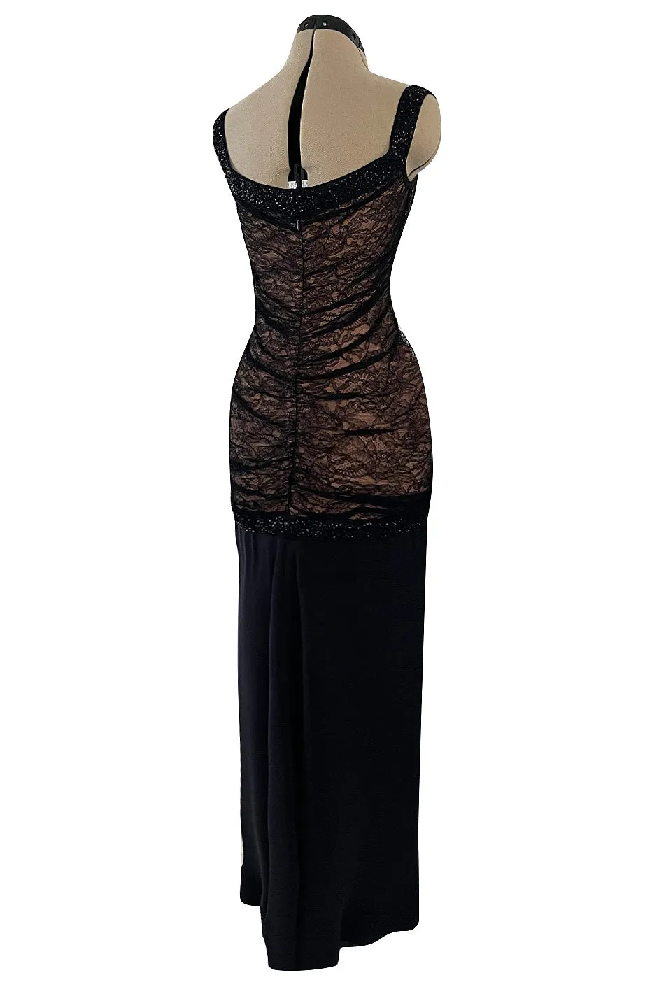 Original Fall 1997 Herve Leger Couture Lace & Bead Bandage Fitted Black Dress w Wide Straps