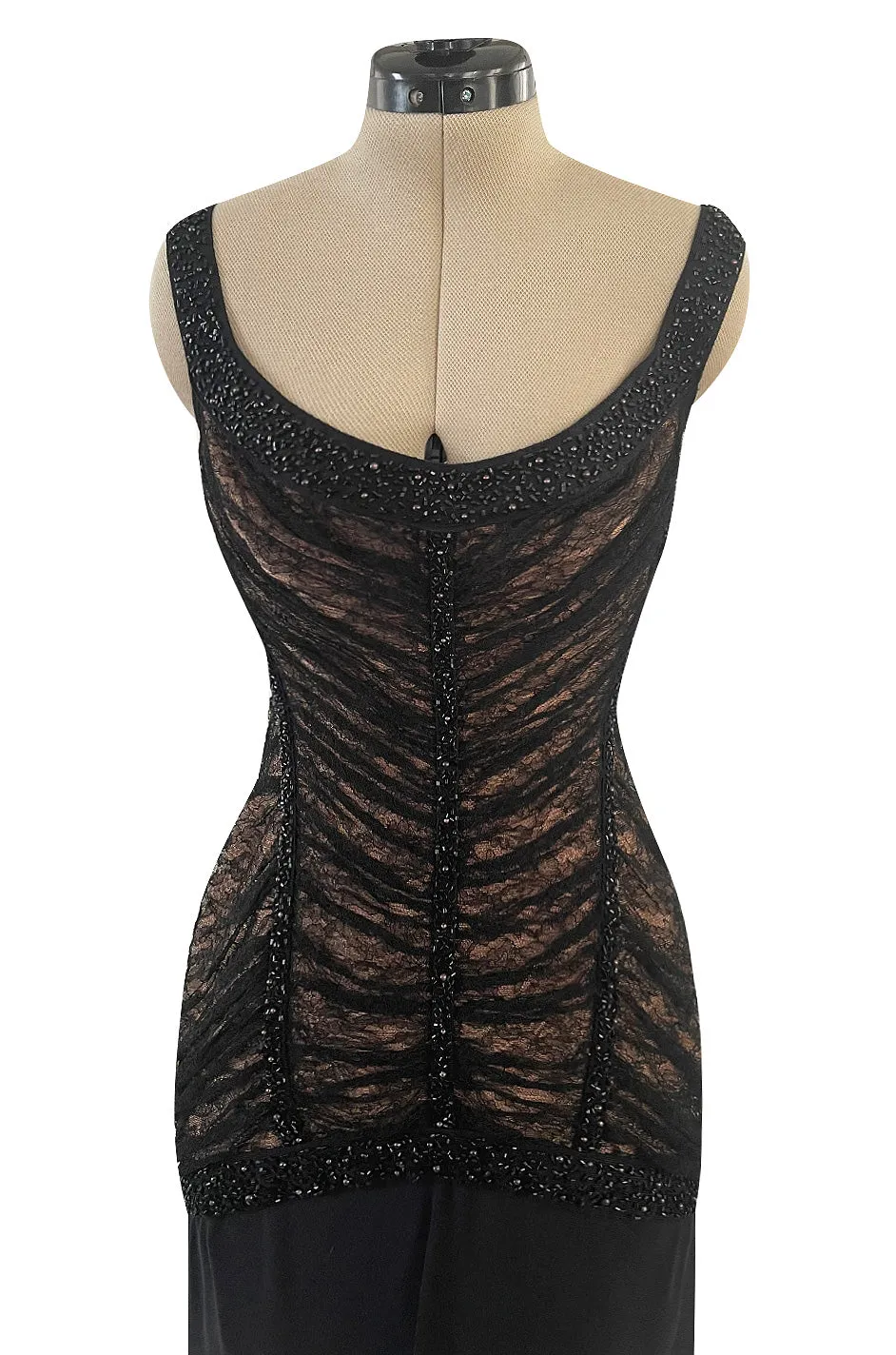 Original Fall 1997 Herve Leger Couture Lace & Bead Bandage Fitted Black Dress w Wide Straps