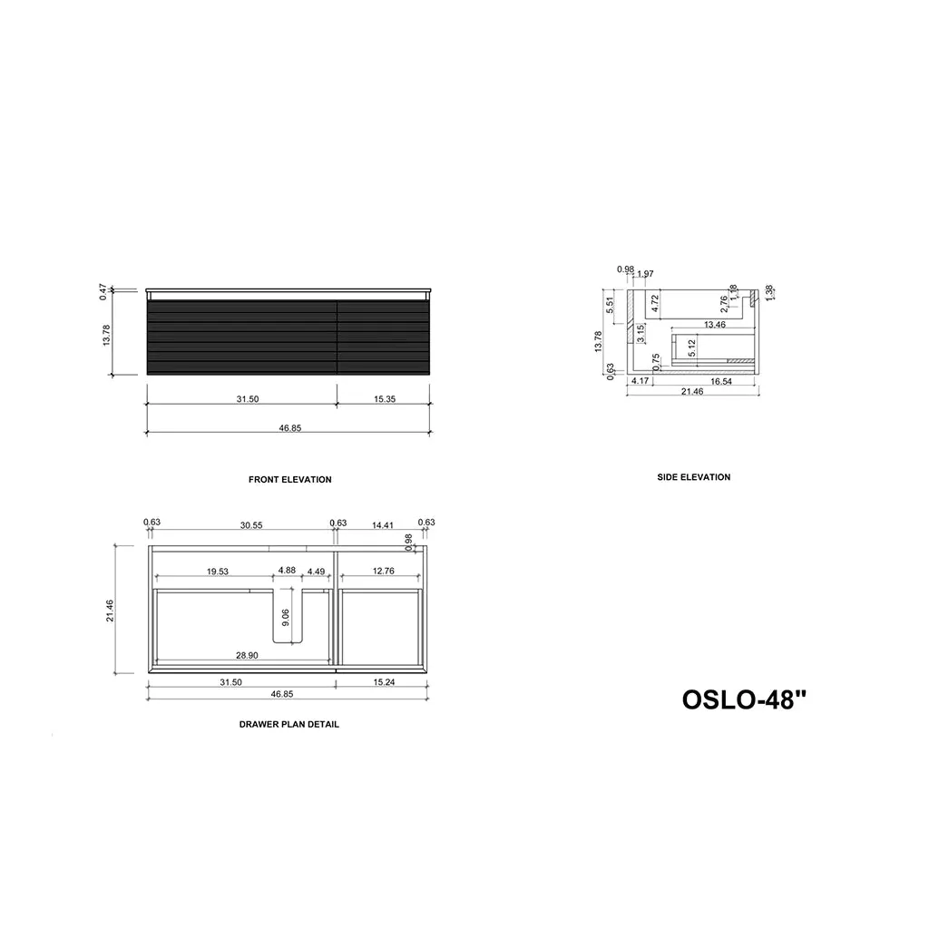 Oslo 2 Drawers Bathroom Vanity with Solid Surface Sink - Wall Mount - 48" Wood/Matte Black/Whitewash