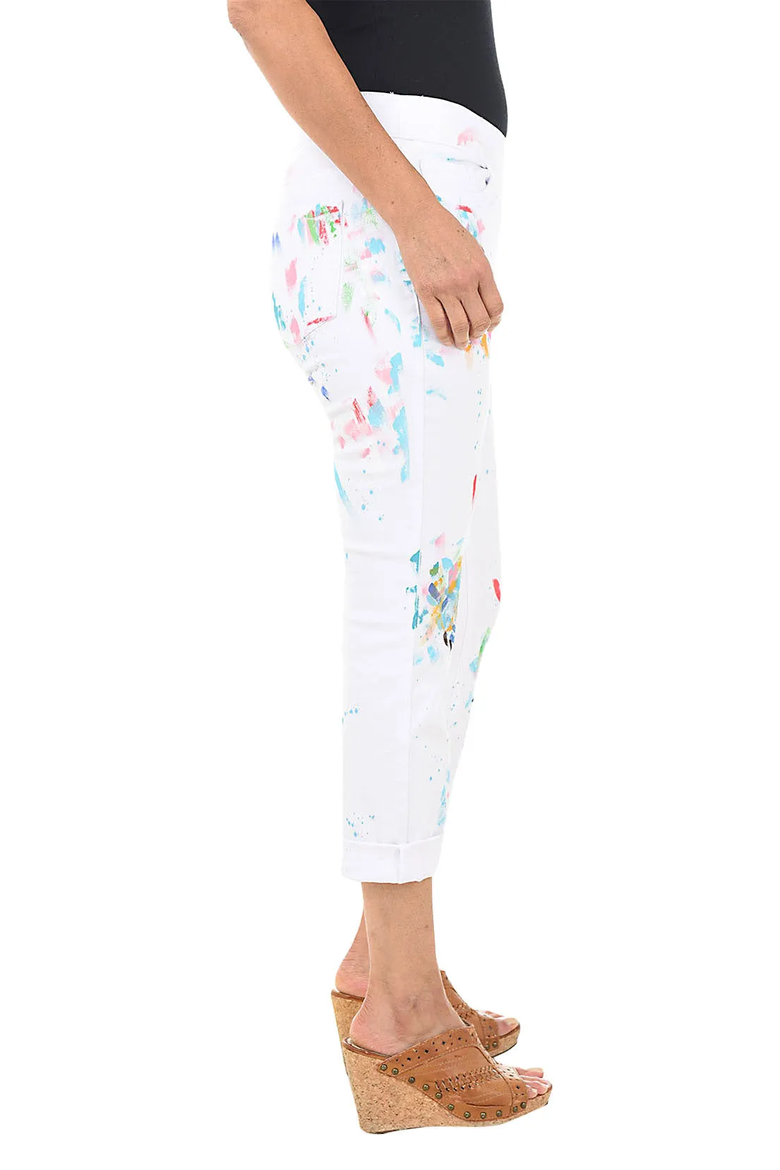 Paint Speckled Pull-On Denim Ankle Pant