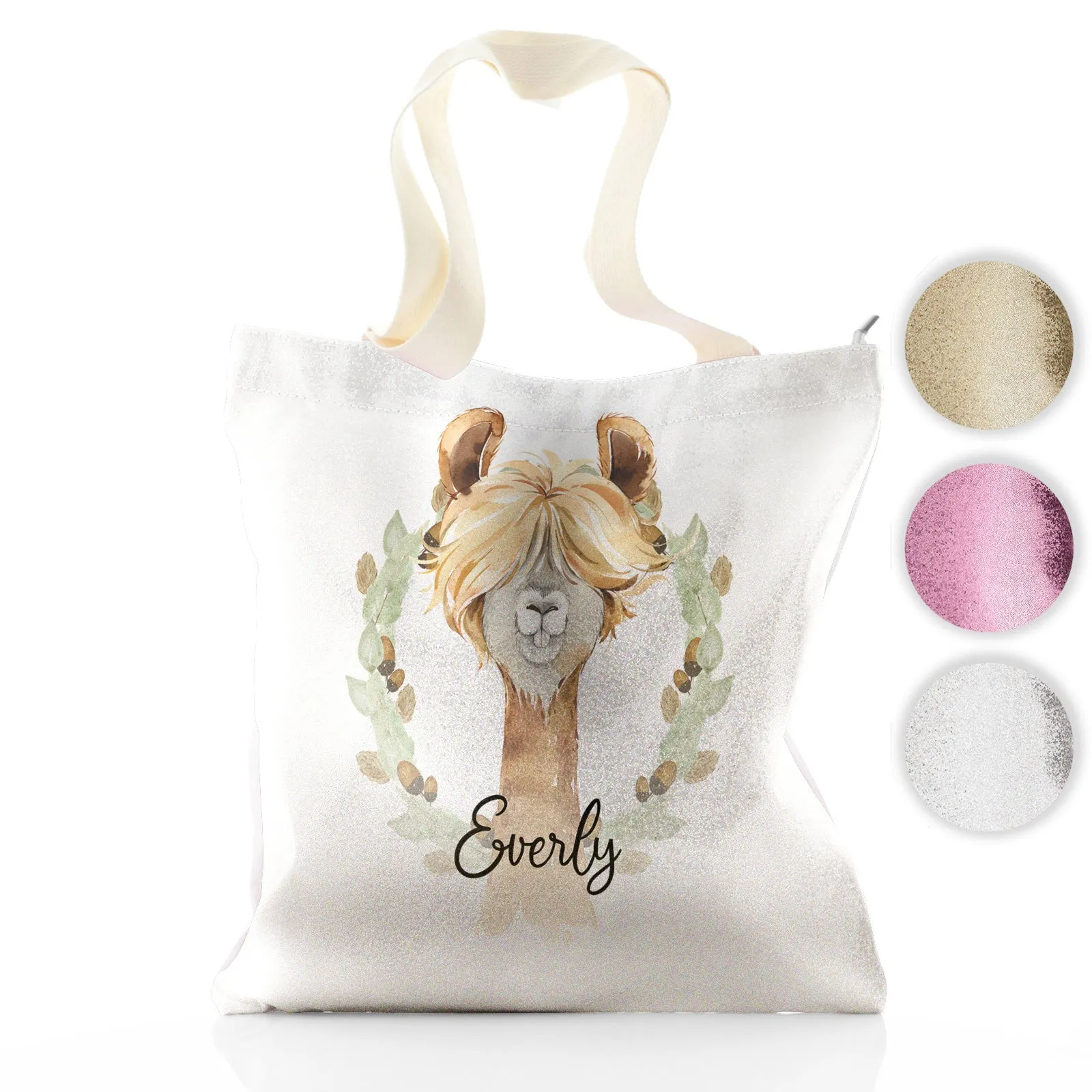 Personalised Glitter Tote Bag with Brown Alpaca Acorn Wreath and Cute Text