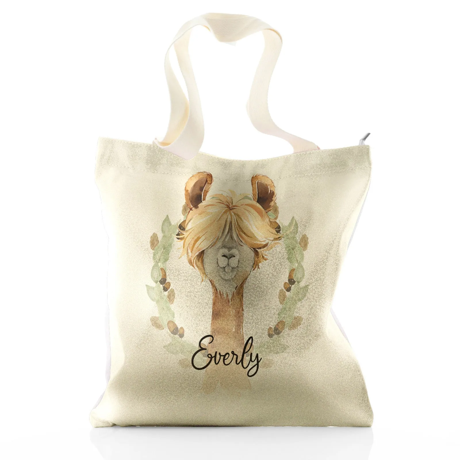 Personalised Glitter Tote Bag with Brown Alpaca Acorn Wreath and Cute Text