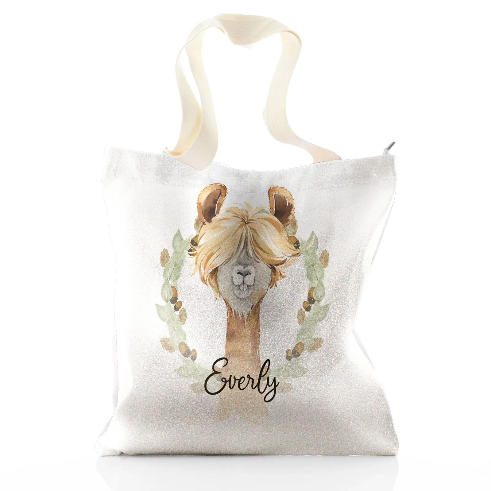 Personalised Glitter Tote Bag with Brown Alpaca Acorn Wreath and Cute Text