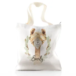 Personalised Glitter Tote Bag with Brown Alpaca Acorn Wreath and Cute Text