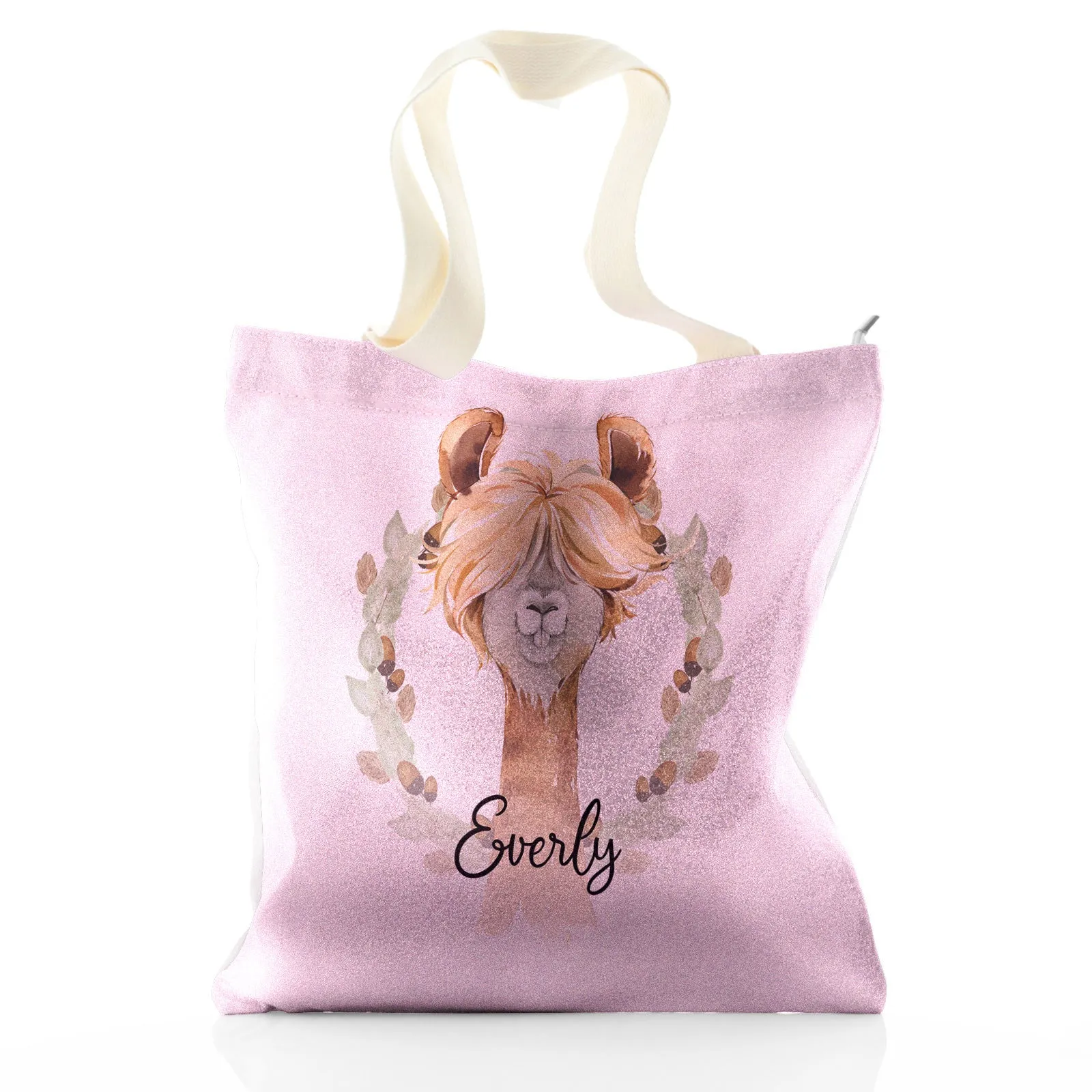 Personalised Glitter Tote Bag with Brown Alpaca Acorn Wreath and Cute Text