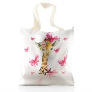 Personalised Glitter Tote Bag with Giraffe Pink Bows and Cute Text