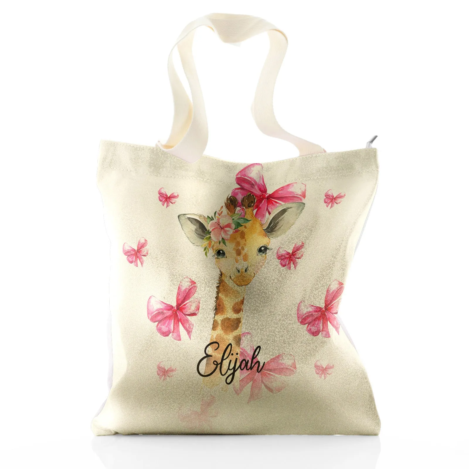 Personalised Glitter Tote Bag with Giraffe Pink Bows and Cute Text