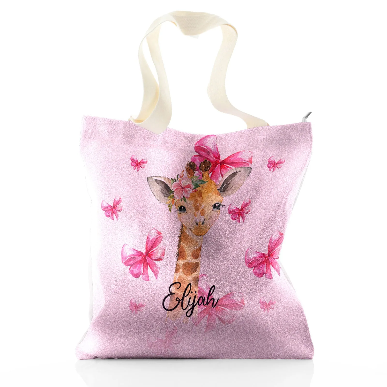 Personalised Glitter Tote Bag with Giraffe Pink Bows and Cute Text