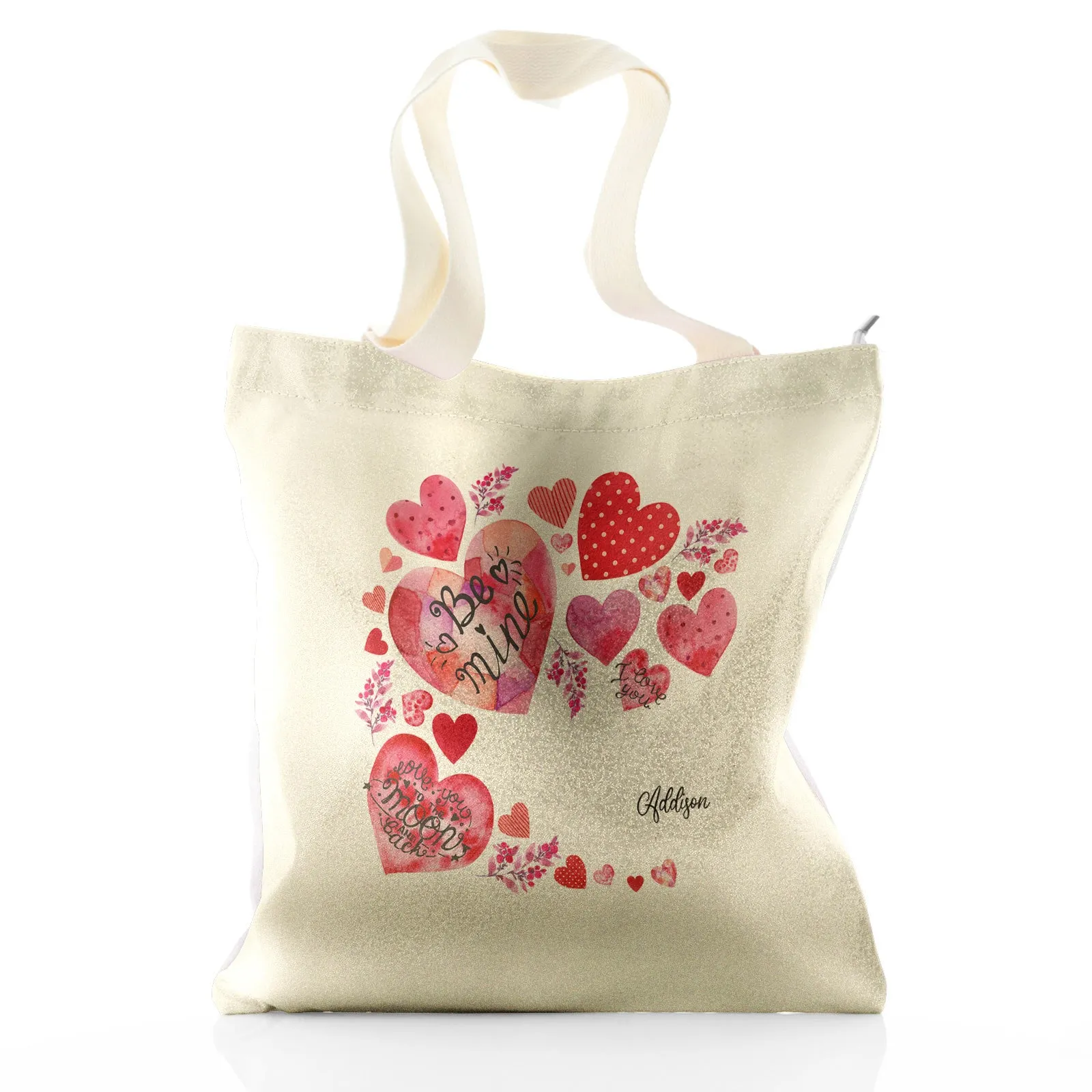 Personalised Glitter Tote Bag with Stylish Text and Material Hearts Love Message Print