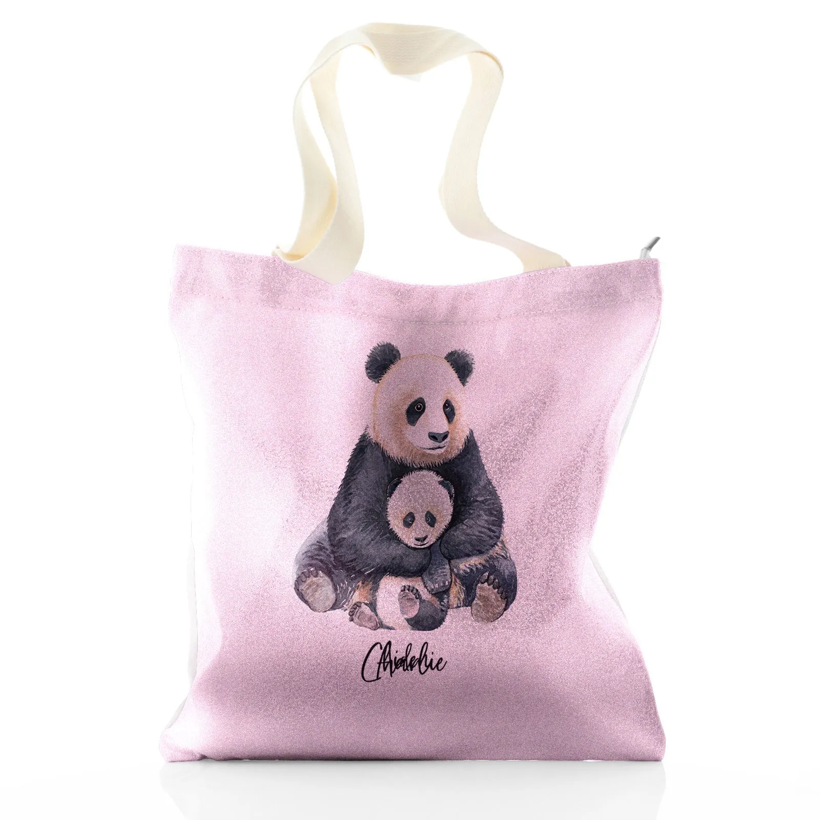 Personalised Glitter Tote Bag with Welcoming Text and Relaxing Mum and Baby Pandas