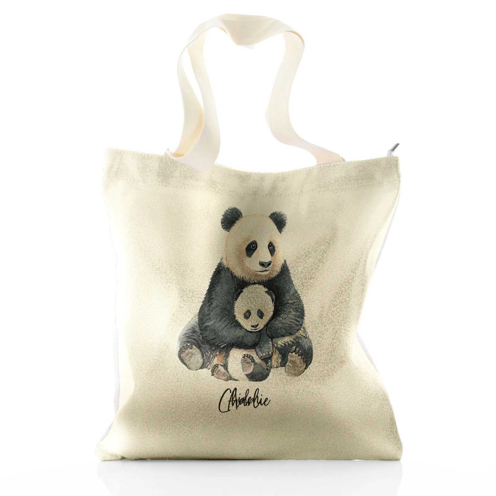Personalised Glitter Tote Bag with Welcoming Text and Relaxing Mum and Baby Pandas