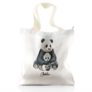 Personalised Glitter Tote Bag with Welcoming Text and Relaxing Mum and Baby Pandas