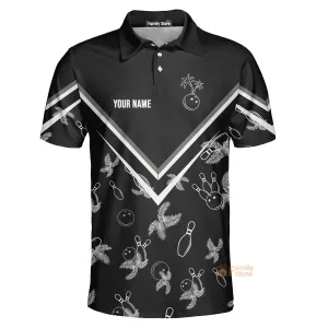 Personalize Black Bowling Monochrome Tropical Pattern Polo Shirt QT308390