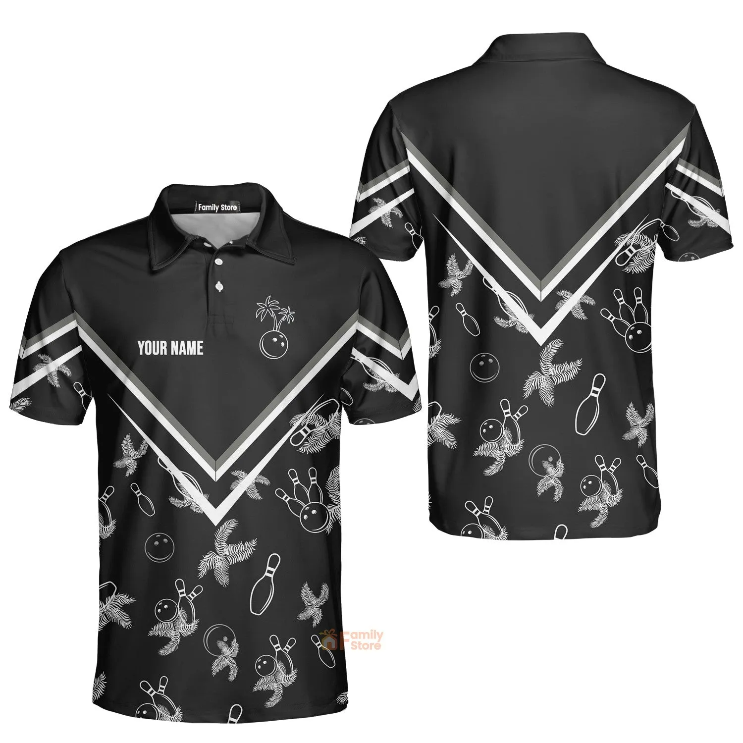 Personalize Black Bowling Monochrome Tropical Pattern Polo Shirt QT308390