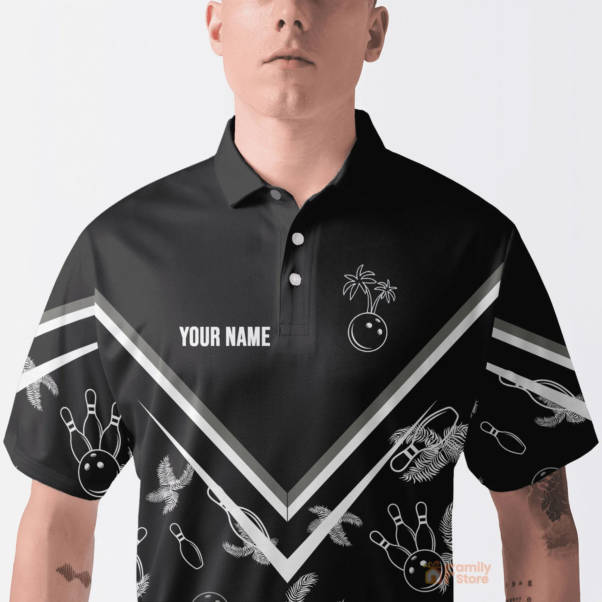Personalize Black Bowling Monochrome Tropical Pattern Polo Shirt QT308390
