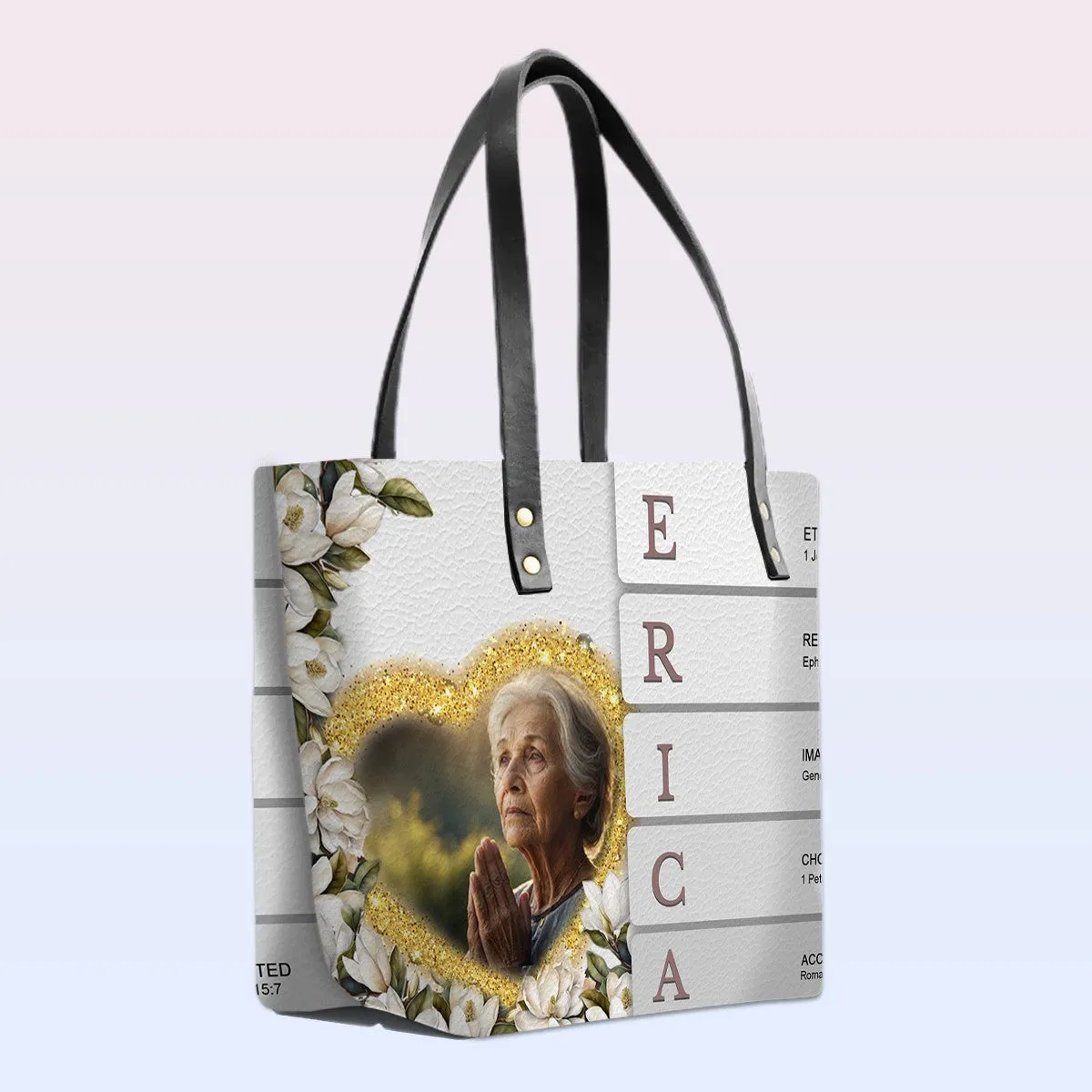 Personalized Leather Tote Bag with Bible Verses – Custom Name and Image – Uncover the sacred meaning of your name | CHRISTIANARTBAG Leather TOTE Bag