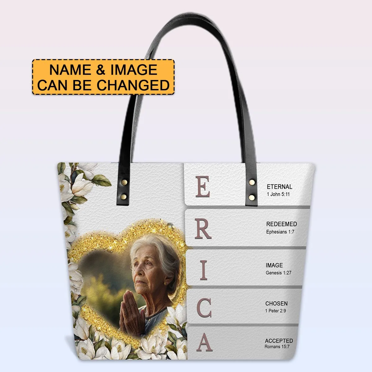 Personalized Leather Tote Bag with Bible Verses – Custom Name and Image – Uncover the sacred meaning of your name | CHRISTIANARTBAG Leather TOTE Bag