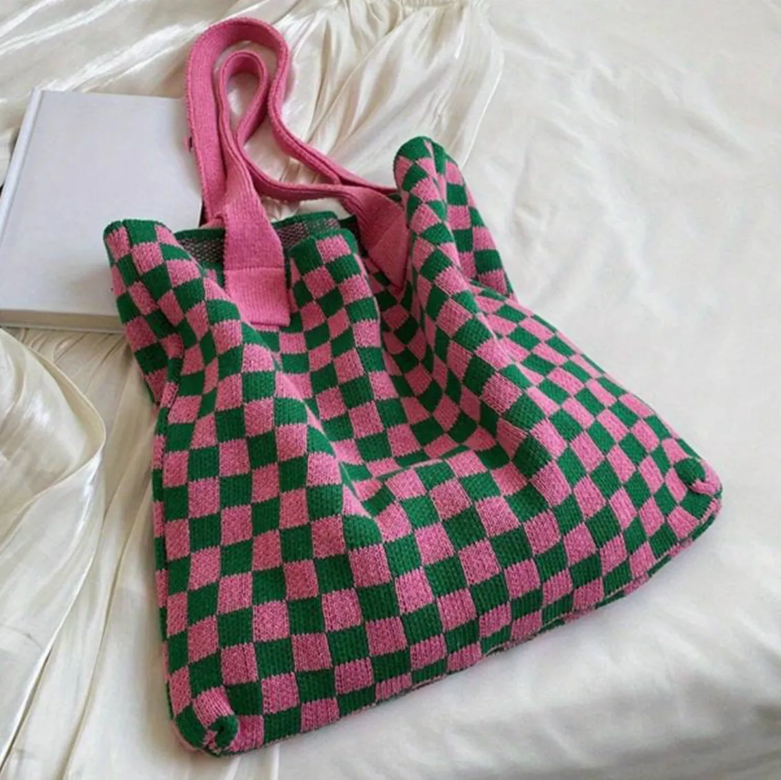 Pink and Green Knit tote bag
