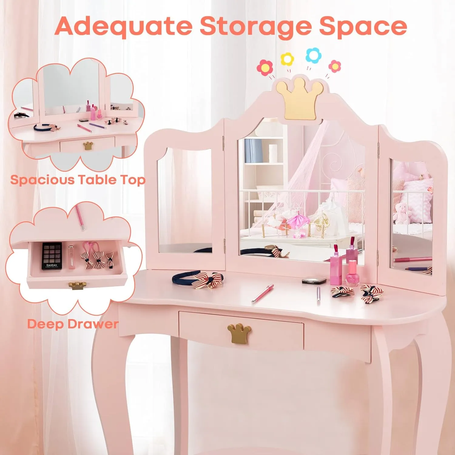 Pink Dressing Table with Tri-Folding Removable Mirror and Stool | Vanity Unit with Drawer | 3-6 Years
