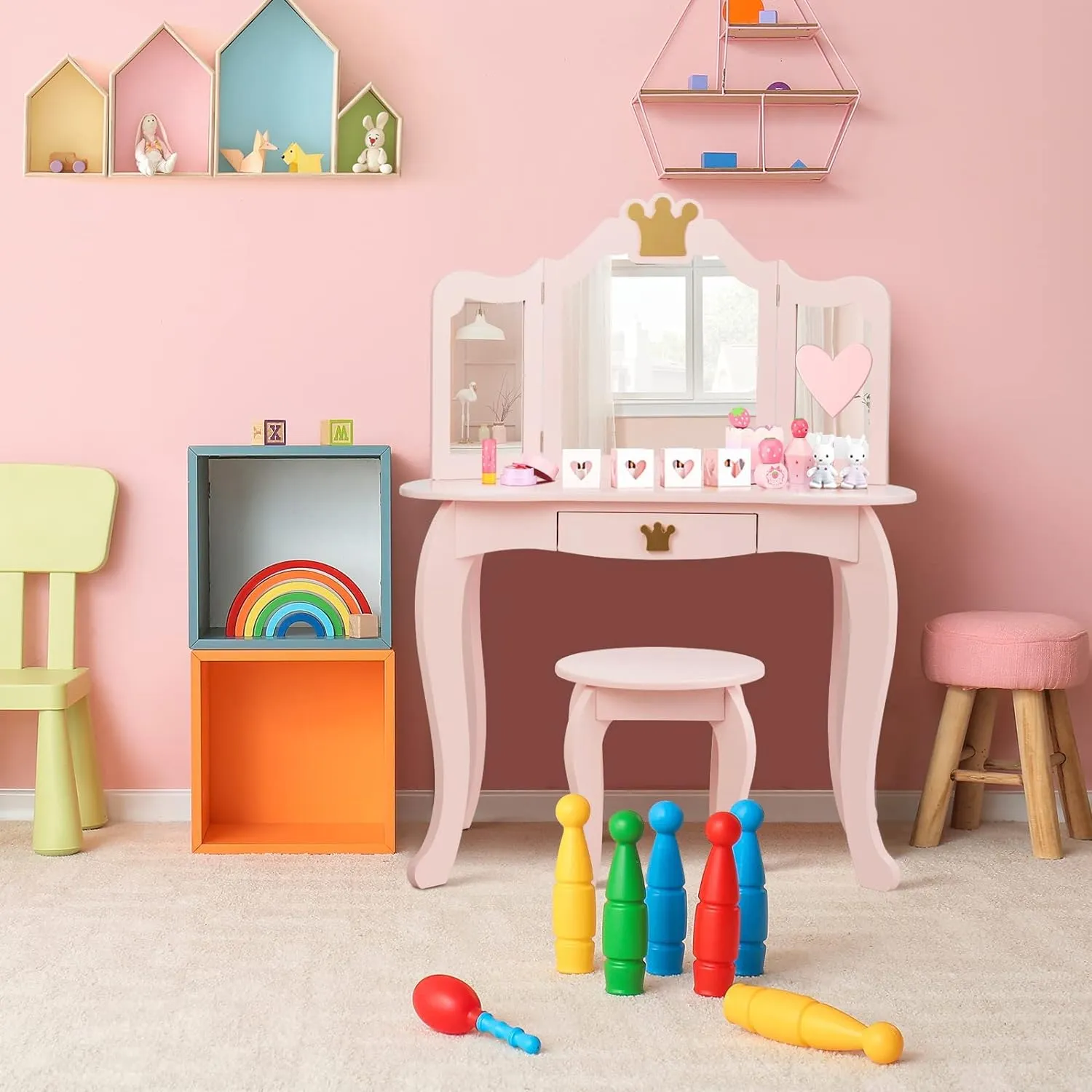 Pink Dressing Table with Tri-Folding Removable Mirror and Stool | Vanity Unit with Drawer | 3-6 Years