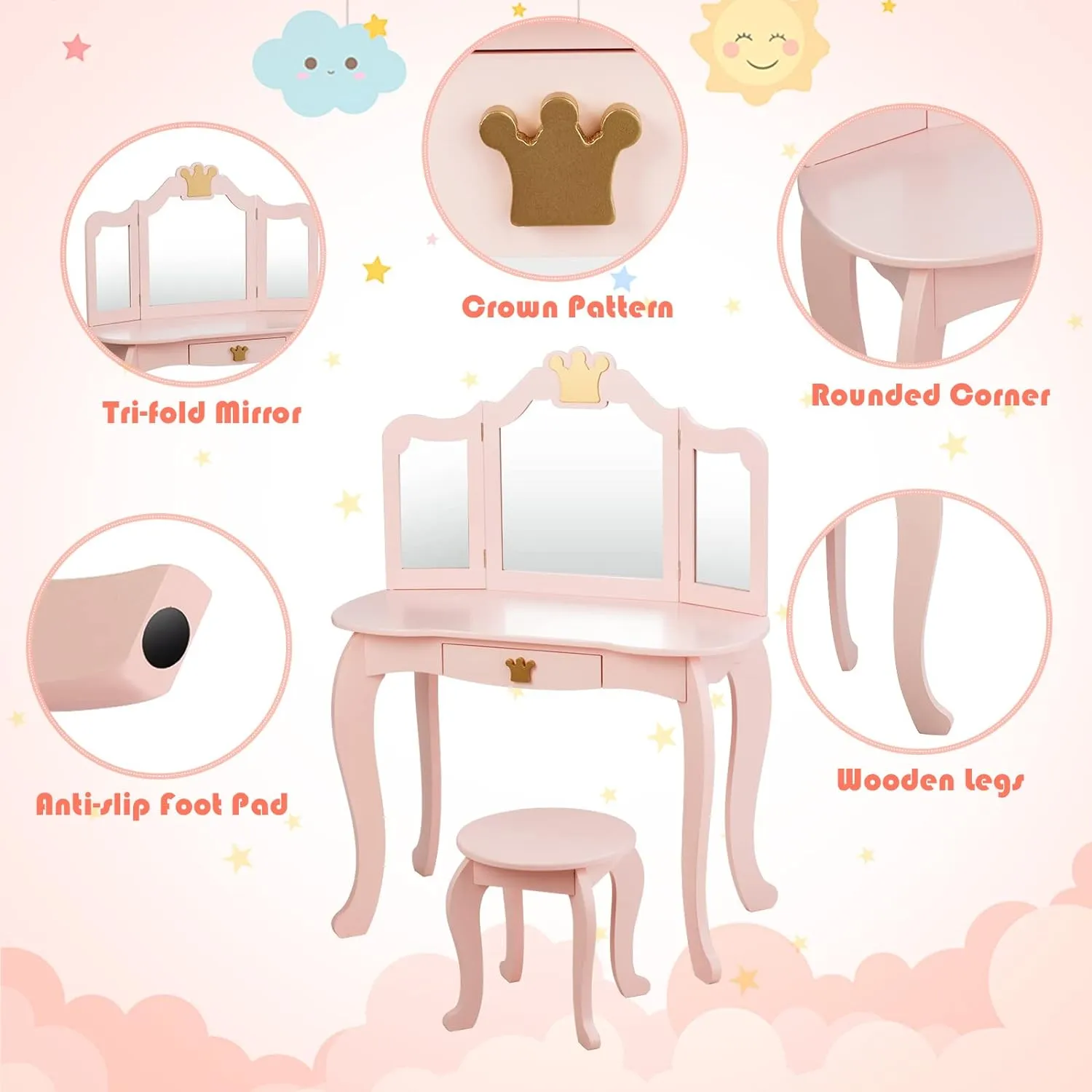 Pink Dressing Table with Tri-Folding Removable Mirror and Stool | Vanity Unit with Drawer | 3-6 Years