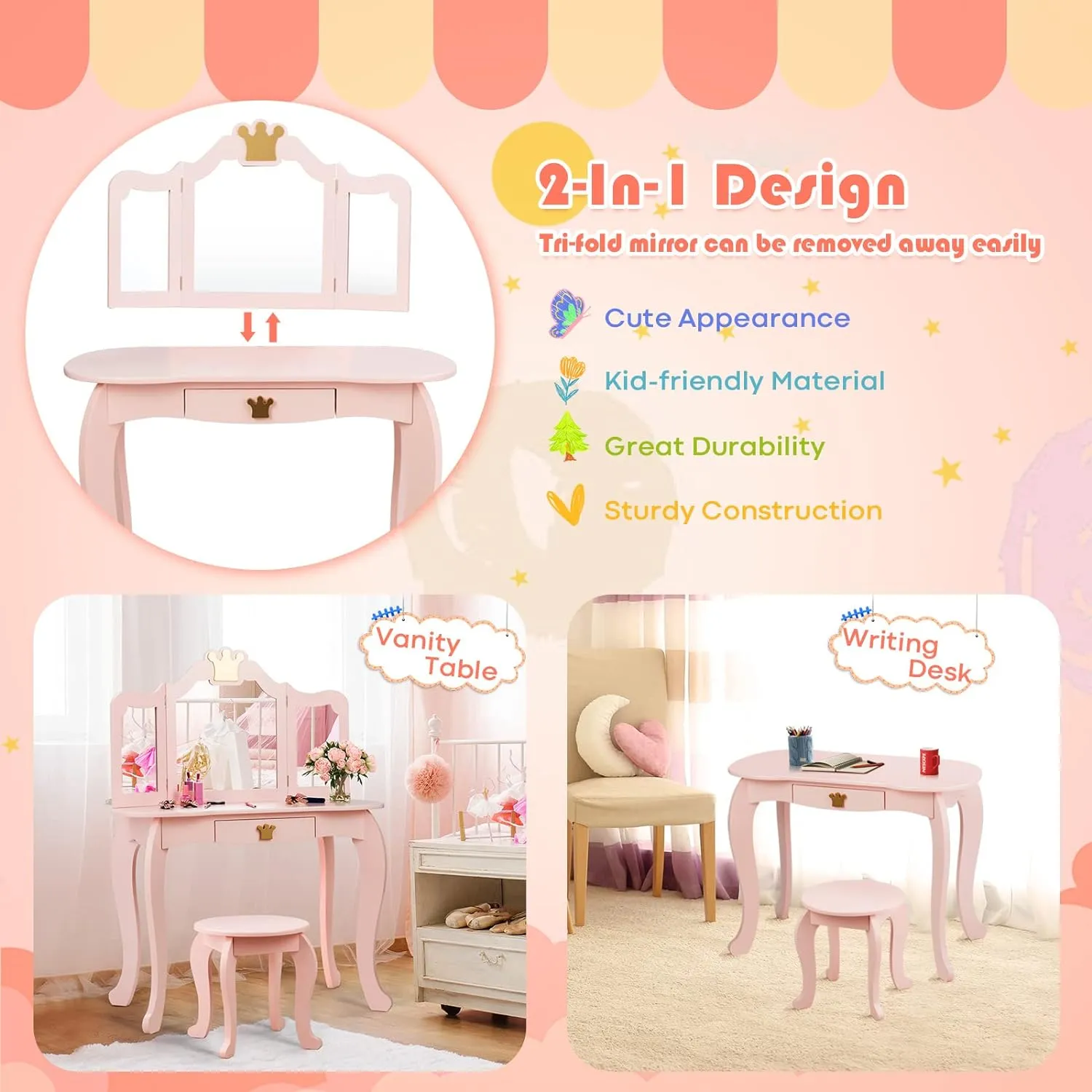 Pink Dressing Table with Tri-Folding Removable Mirror and Stool | Vanity Unit with Drawer | 3-6 Years