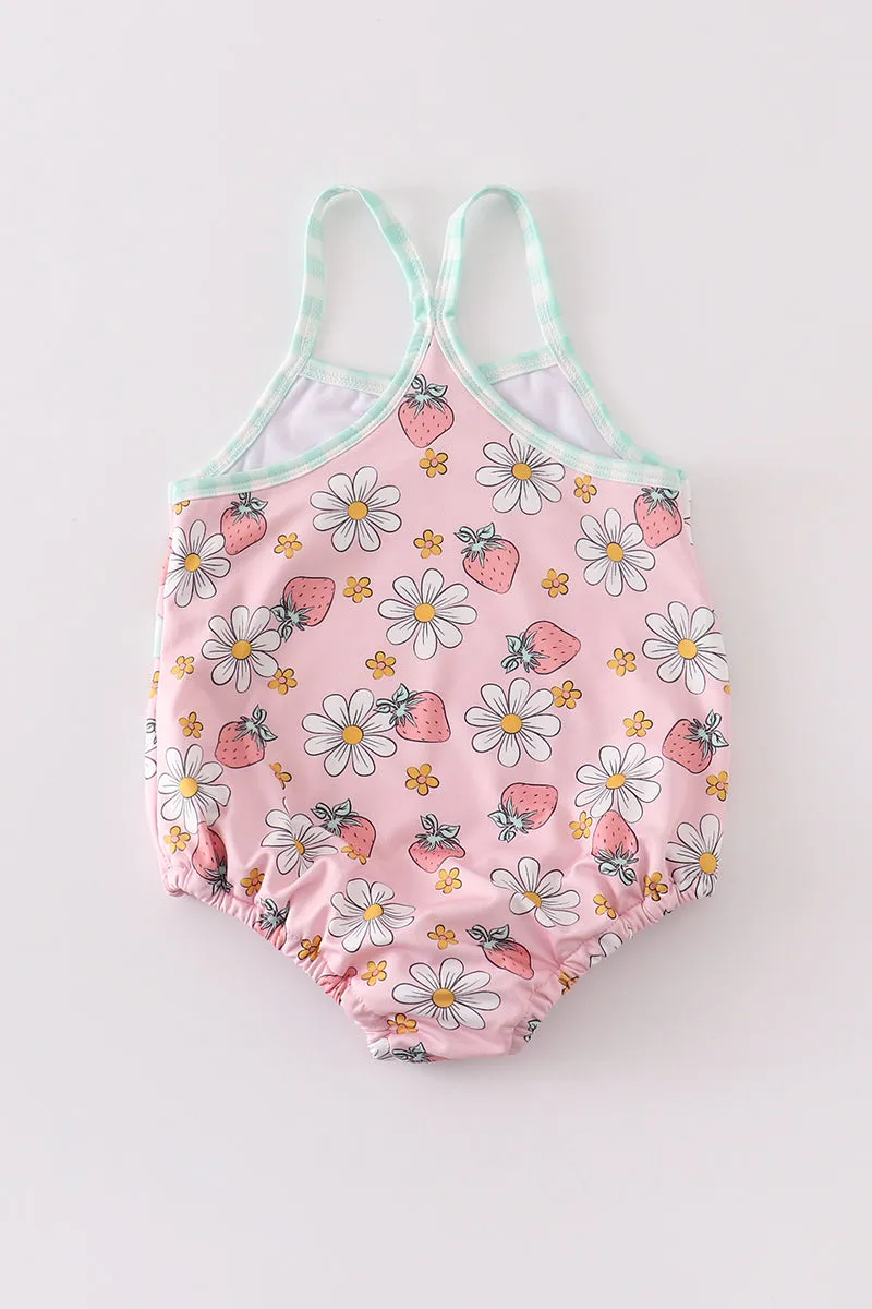 Pink floral strawberry print one-piece girl swimsuit