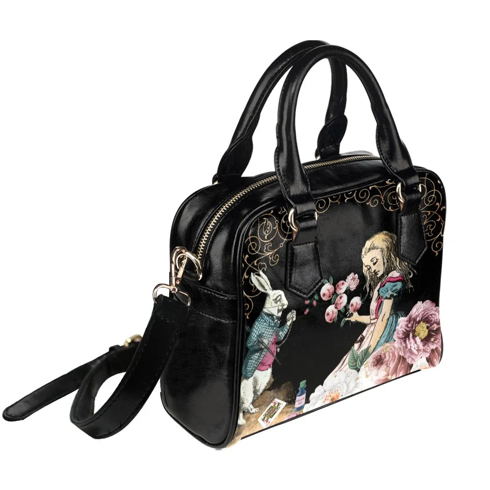 Pink Roses Alice In Wonderland Purple Handbag Bowler Bag Purse with White Rabbit