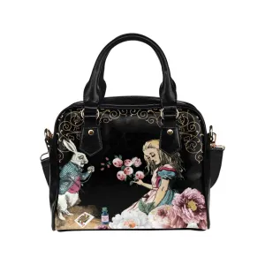 Pink Roses Alice In Wonderland Purple Handbag Bowler Bag Purse with White Rabbit