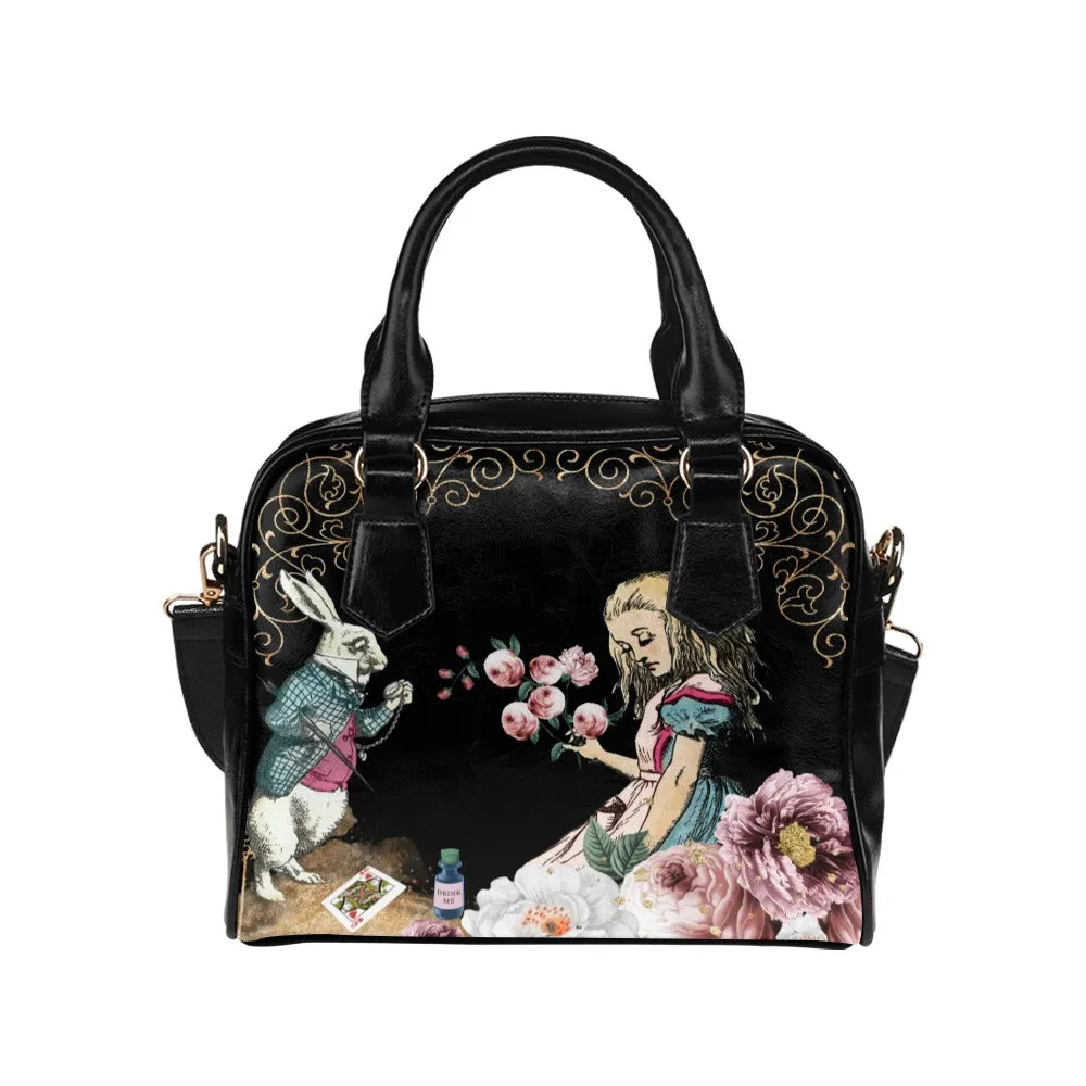 Pink Roses Alice In Wonderland Purple Handbag Bowler Bag Purse with White Rabbit