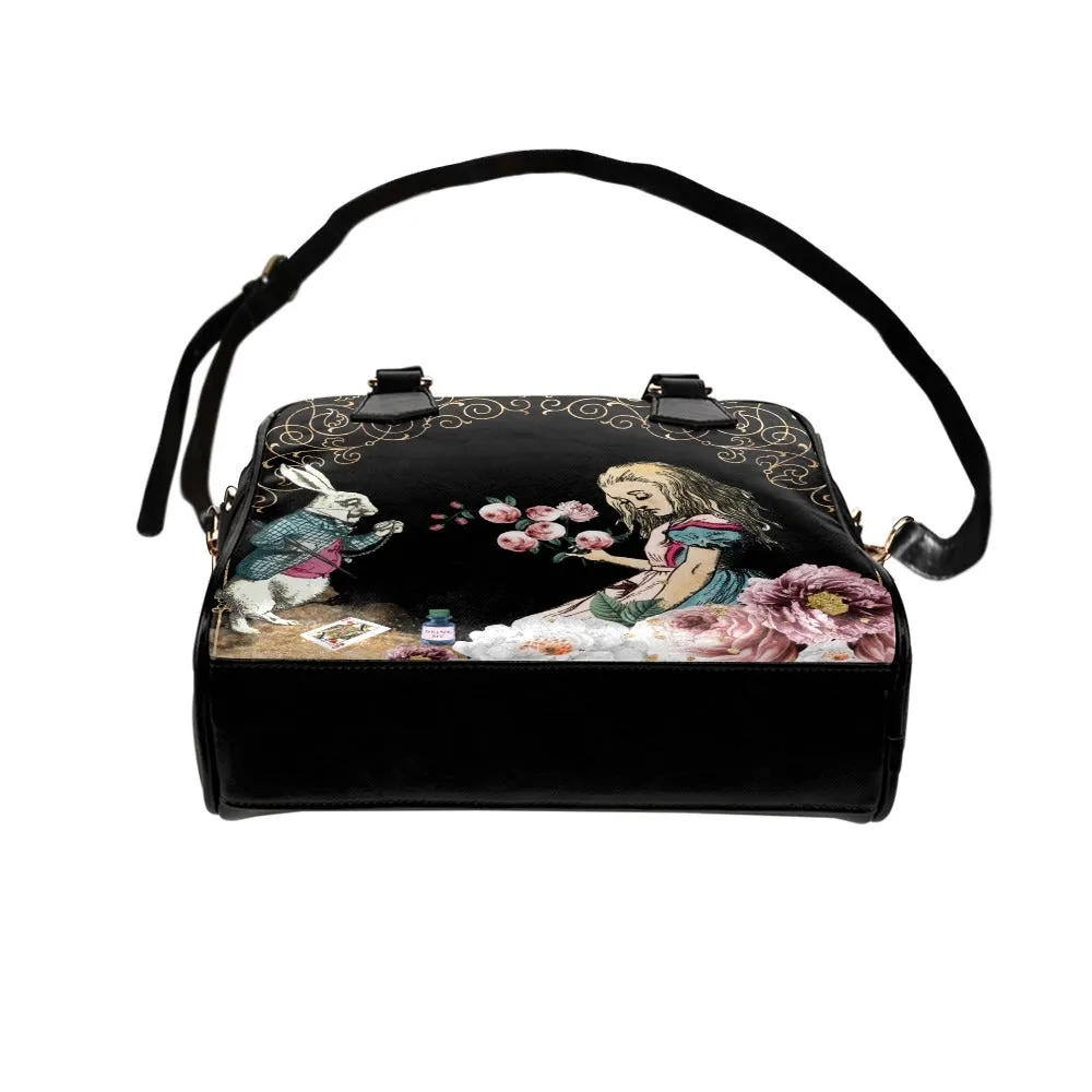 Pink Roses Alice In Wonderland Purple Handbag Bowler Bag Purse with White Rabbit