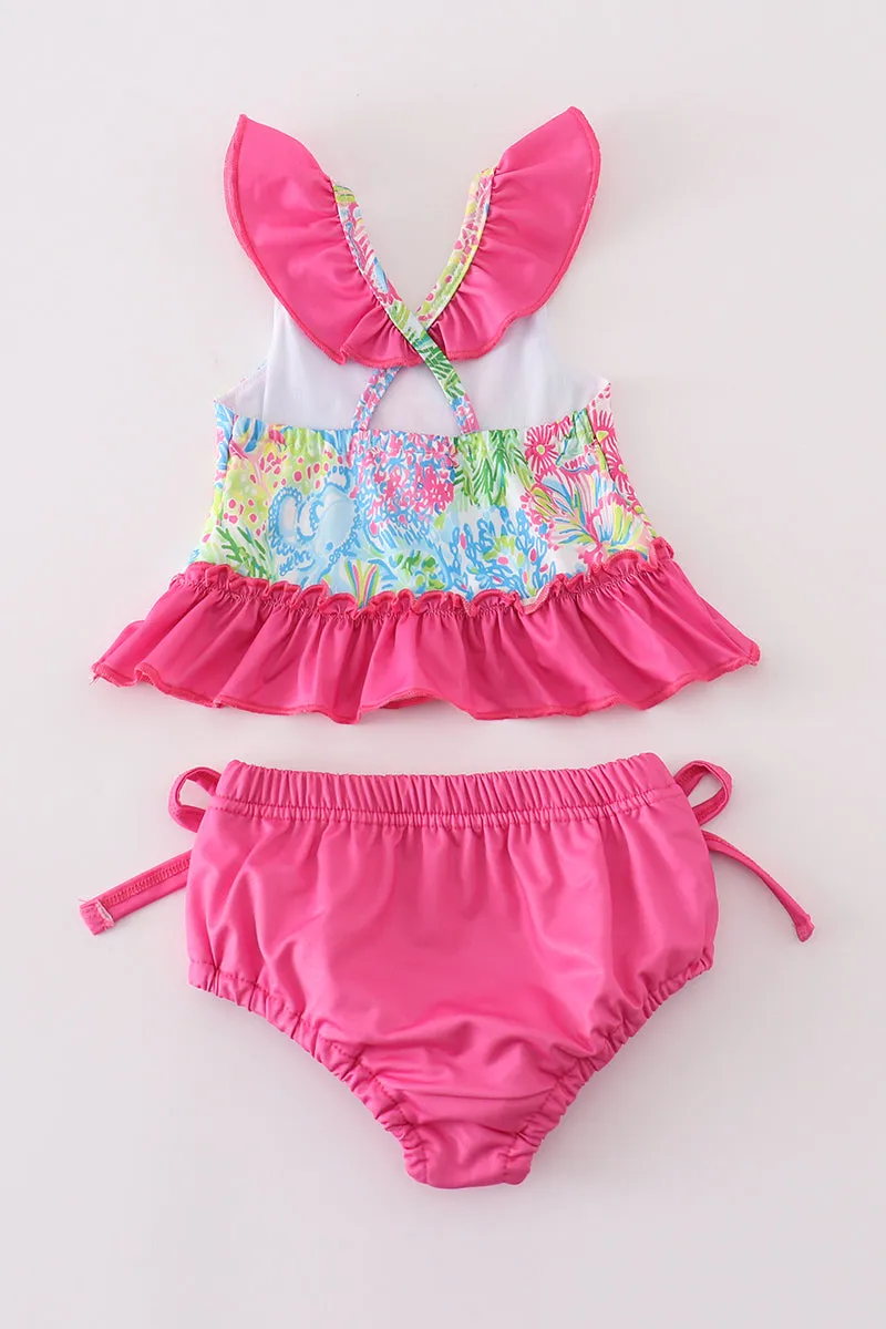Pink Tropical Floral Girl Swimsuit Set