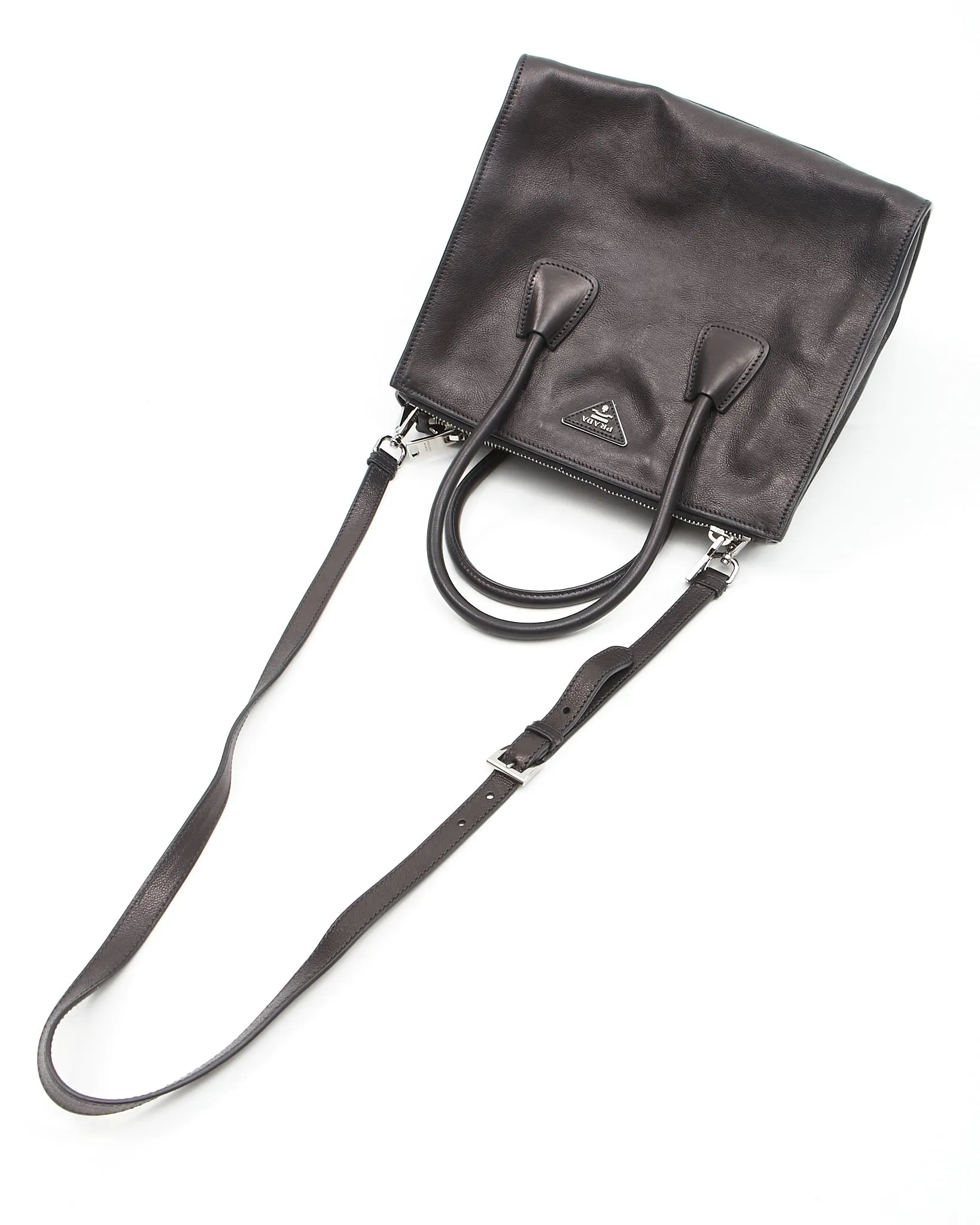 Prada Black Leather Glace Calf Twin Pocket Tote Bag