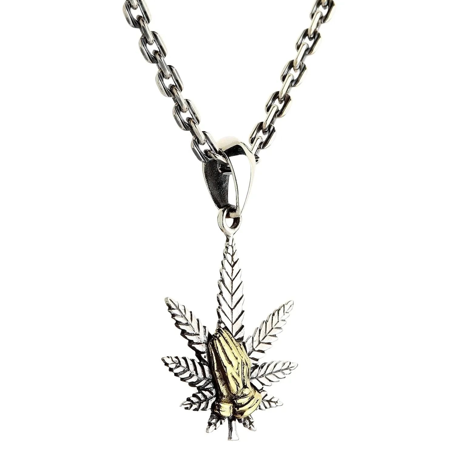 Praying Hands Marijuana Sterling Silver Pendant Necklace