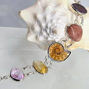 "Beach Baby" 8" - 8.5" Bracelet - Amethyst, Druzy, Rutile Quartz, Ammonite, Cherry Quartz, Anti-tarnish Sterling