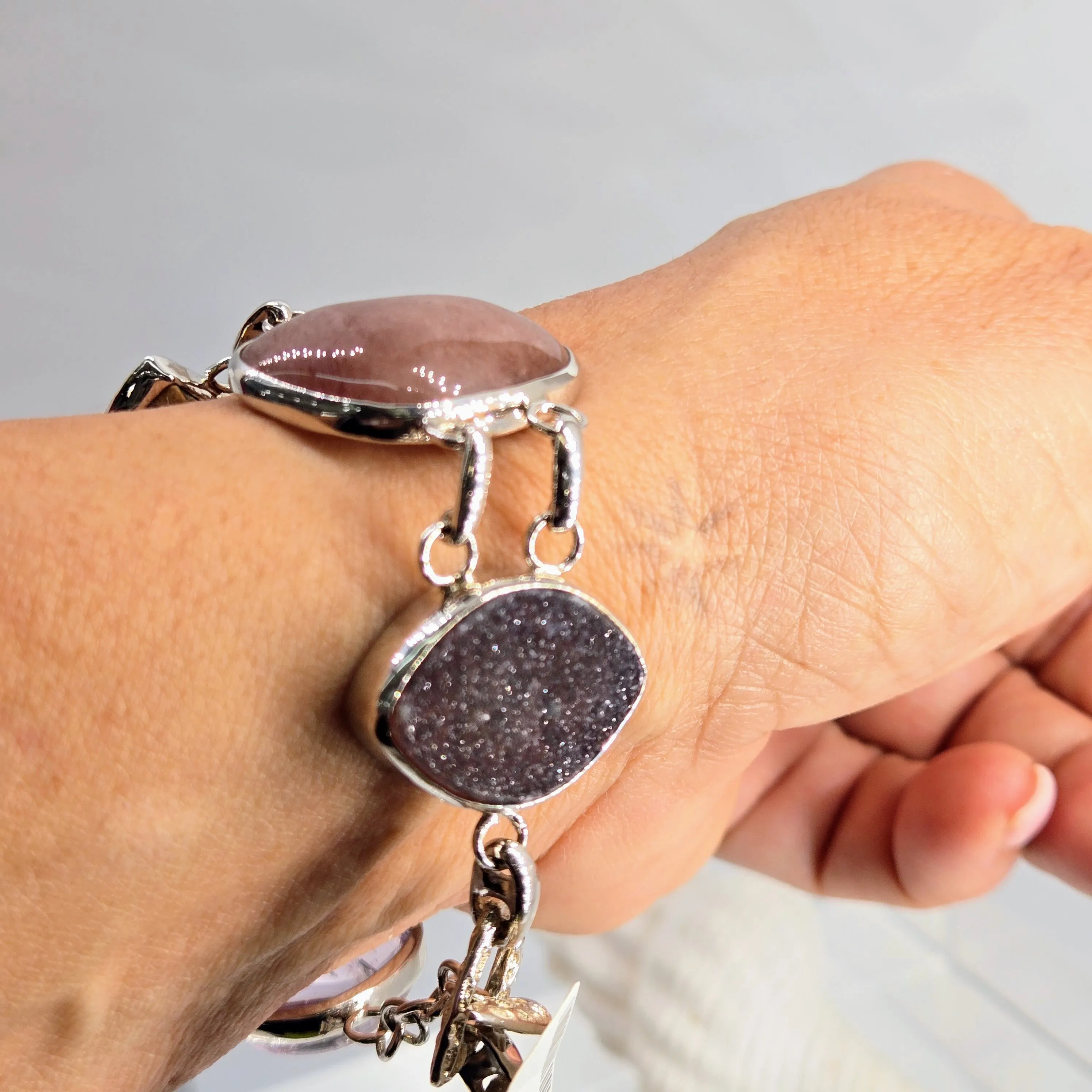 "Beach Baby" 8" - 8.5" Bracelet - Amethyst, Druzy, Rutile Quartz, Ammonite, Cherry Quartz, Anti-tarnish Sterling