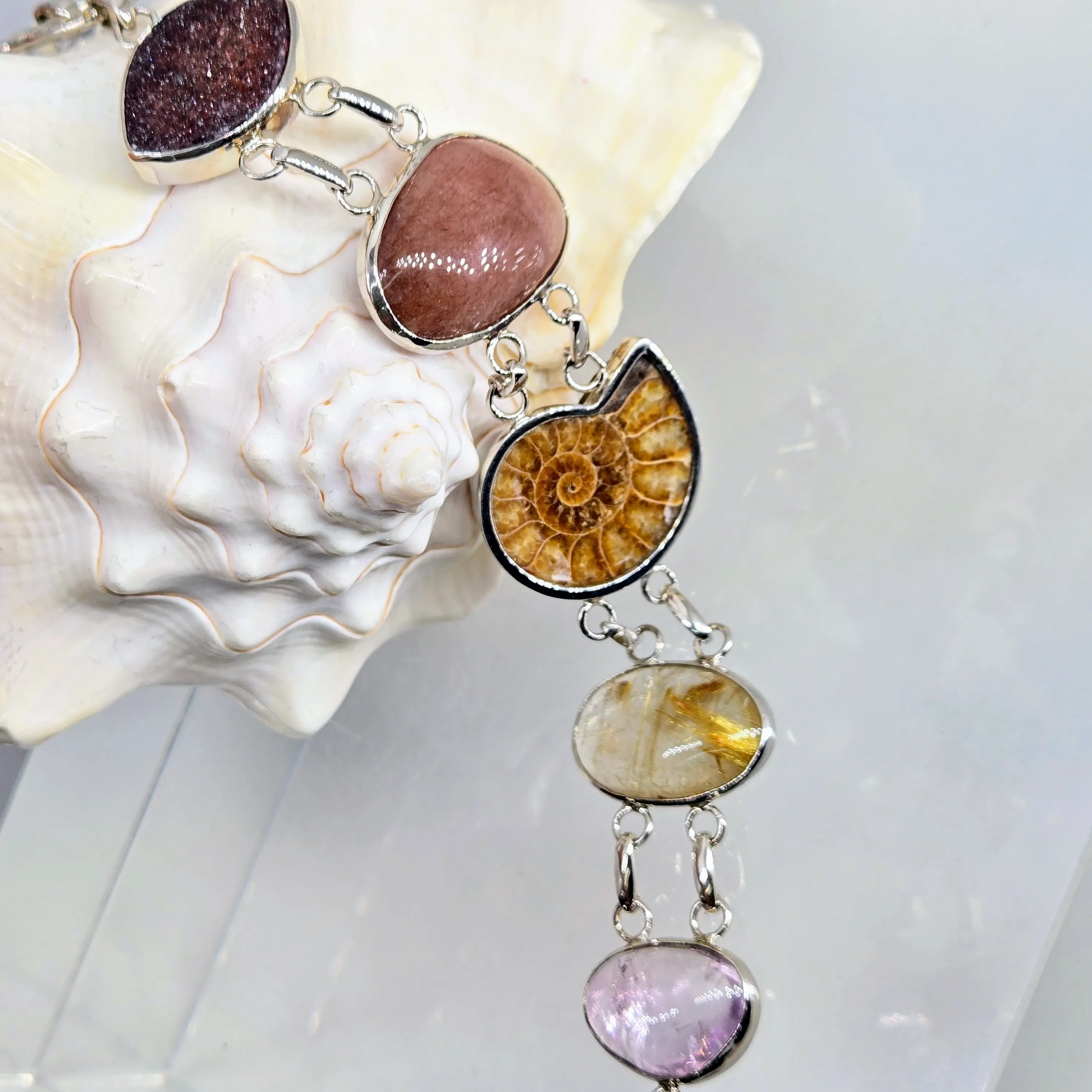 "Beach Baby" 8" - 8.5" Bracelet - Amethyst, Druzy, Rutile Quartz, Ammonite, Cherry Quartz, Anti-tarnish Sterling